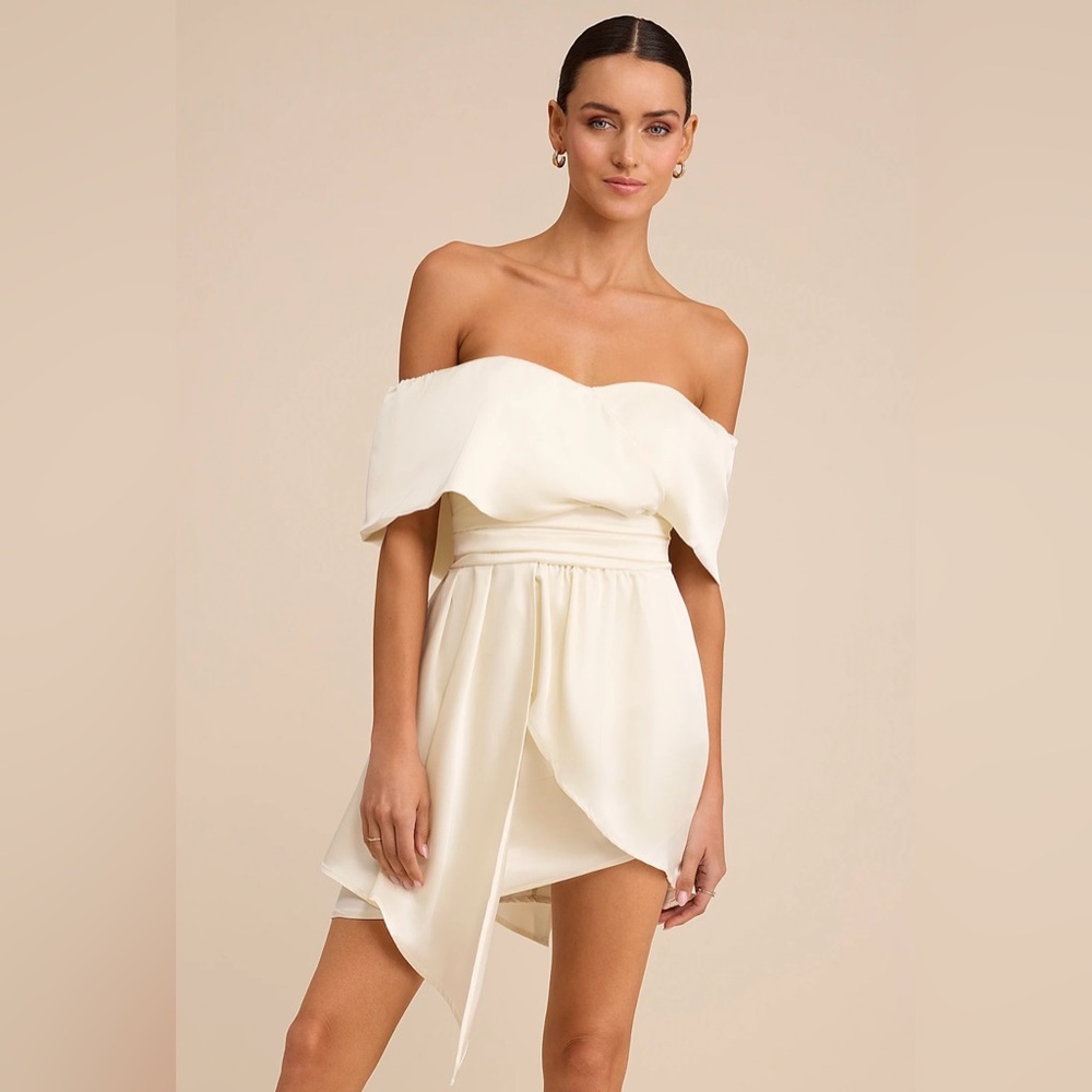 NWT lulus Ivory satin off the shoulder asymmetric mini dress size XS